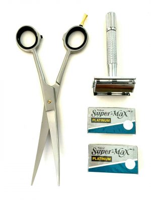 GERMAN Curved Blades Unisex Hair Grooming HASHIR's Scissors Shears PLUS Safety Razor Blades Excellent Gift Set Kit