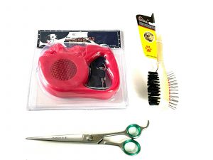 Pet Dog Large Reflective Retractable Leash Double Sided Brush Grooming Scissors 3pcs Set Kit