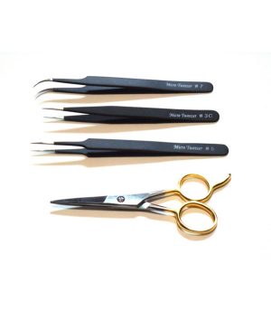 3 PCS Eyelash Extension Tweezers Straight & Curved Stainless + Scissors Set