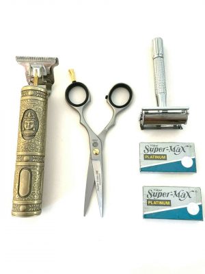 5pcs Men's Hair Trimmer T-Liner Shaving Rechargeable + Shears Old Fashion Safety Razors Blades