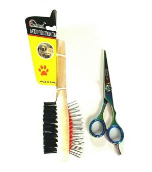 Dog Pet Grooming Multi Color Hair Scissors Shears + Double Sided Hair Brush 2pcs