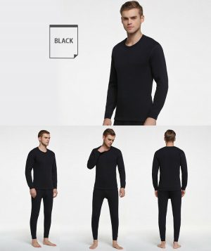 Men's Winter Thermal 100% Cotton Long Johns Top Bottom Set 2pcs Black Color - M