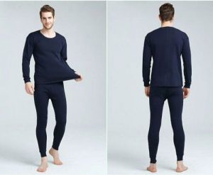Men's Winter Thermal Fleece 100% Cotton Long Johns Top Bottom Set 2pcs Navy Blue Color Excellent - X-L
