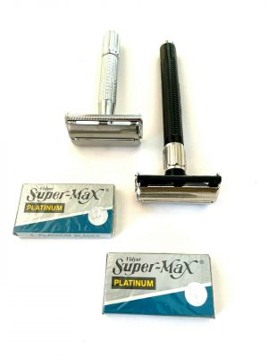 2pcs Old Fashion Classic Old School Men's Butterfly Safety Black Silver Razors + 10pcs Double Edge Razor Blades